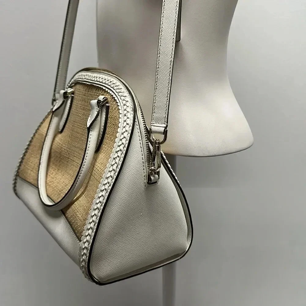Kate Spade Reiley Dome Satchel Purse Handbag Straw Wicker Leather Trim White